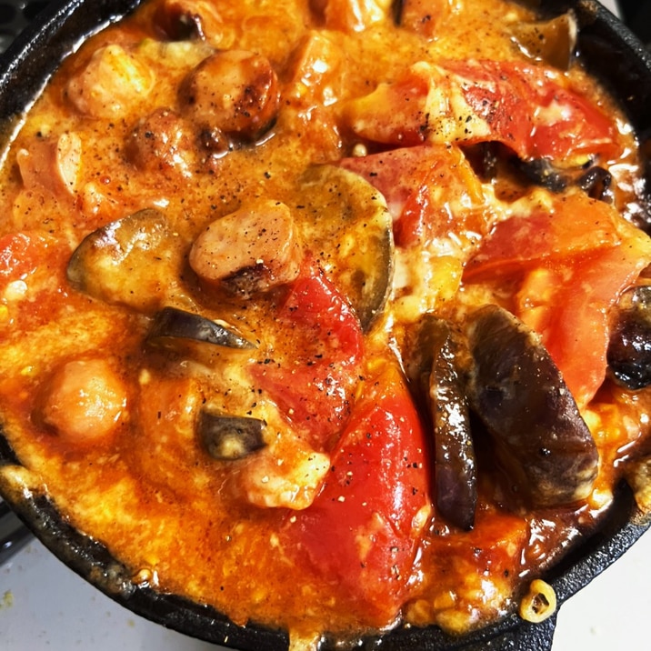 キャンプ飯!ナスとウインナーのトマト煮込み